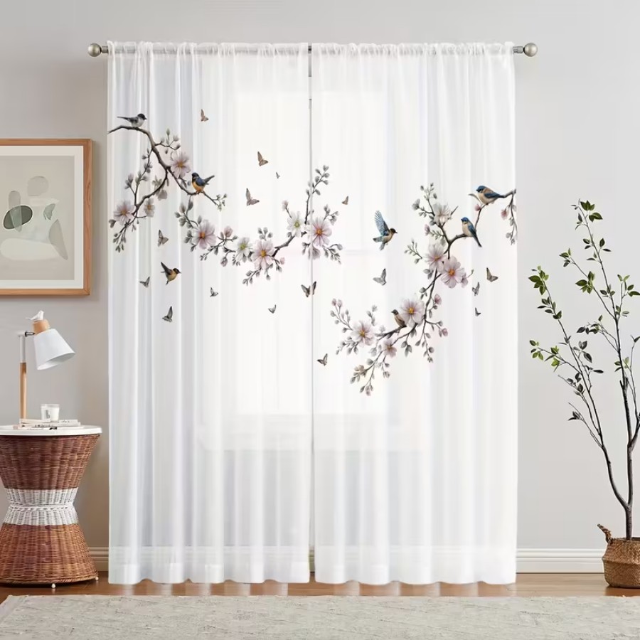 Flower Wall Panel - 2PCS Digital Print Sheer Curtain, Flower